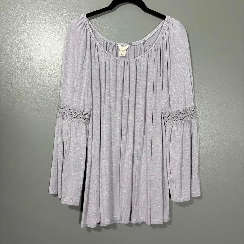 Tru Self Gray Crochet Lace Trim Boho Peasant Blouse - 1X - Women's Plus Size Top